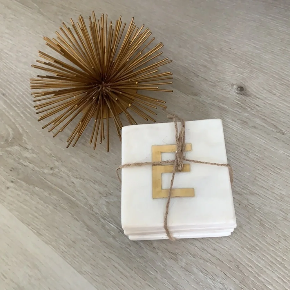 Set of‎ 4 Marble Drink Coasters monogram gold new